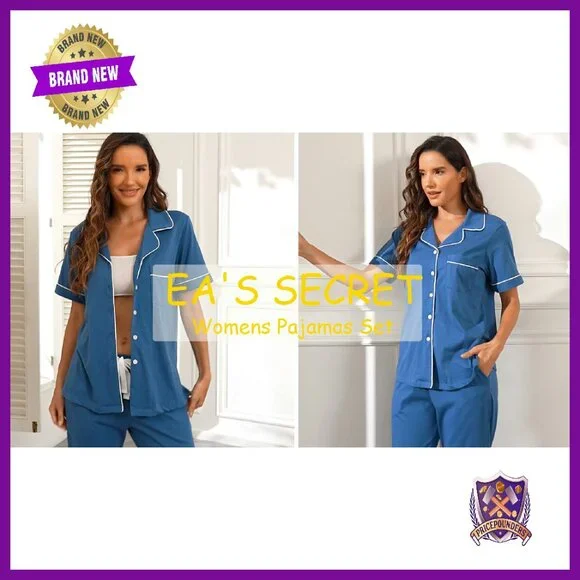 100% Cotton Pajama Set Short Sleeve Button Down Capri Sleepwear